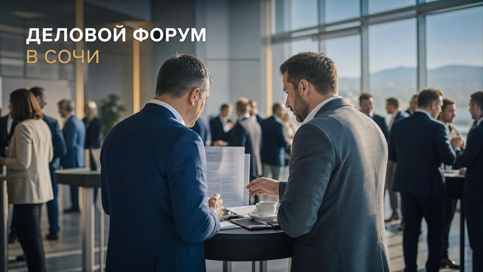Два предпринимателя обсуждают договорённости у стола с кофе в холле делового форума в Сочи
