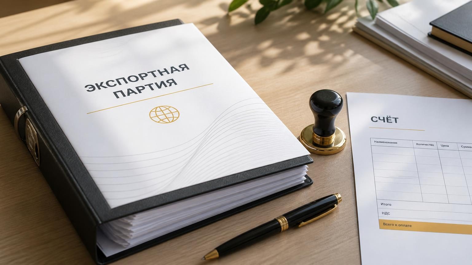 Папка с документами на экспортную партию и печать на столе рядом с распечатанным счётом