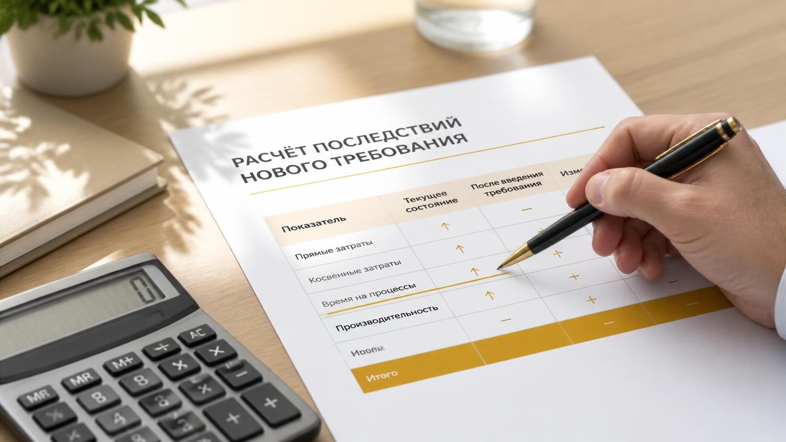 Руки предпринимателя подчёркивают строку в распечатанном расчёте последствий нового требования